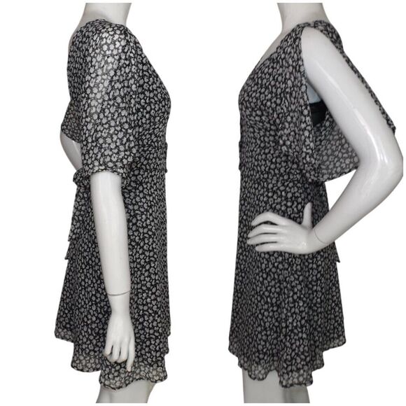 ALL SAINTS Mini Dress, 4, Black/White, Split Flutter Sleeve, V-neck, Sash/Belt - Picture 10 of 15